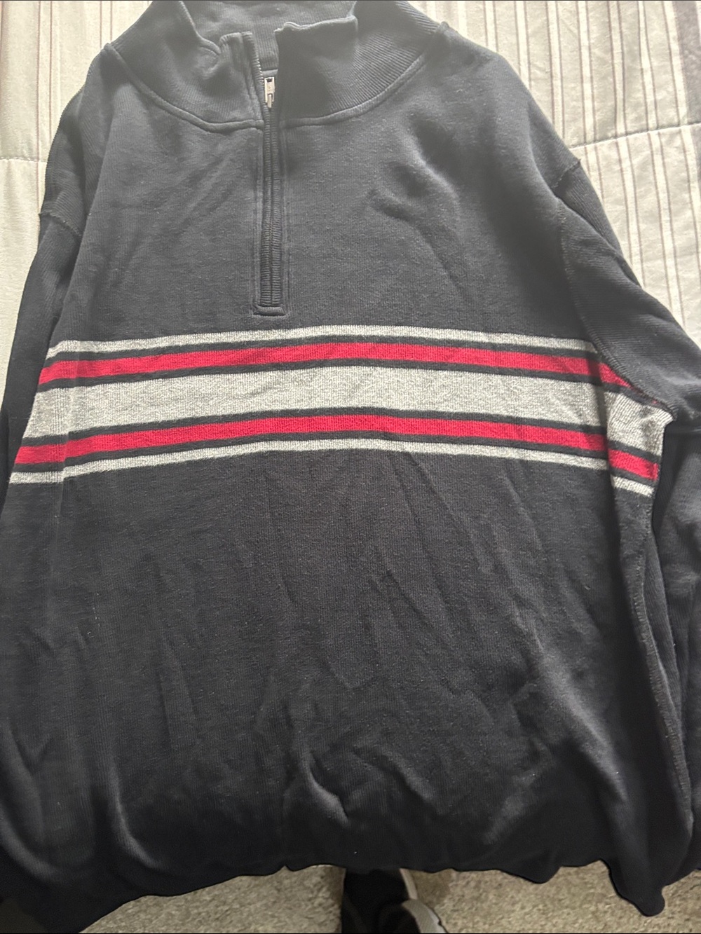 Men's Navy Quarter-Zip Sweater with Gray and Red Stripes